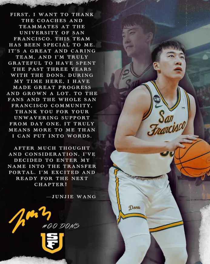 2026世界杯投注官方网站-王俊杰致谢旧金山大学：感谢旧金山大学的教练和队友们